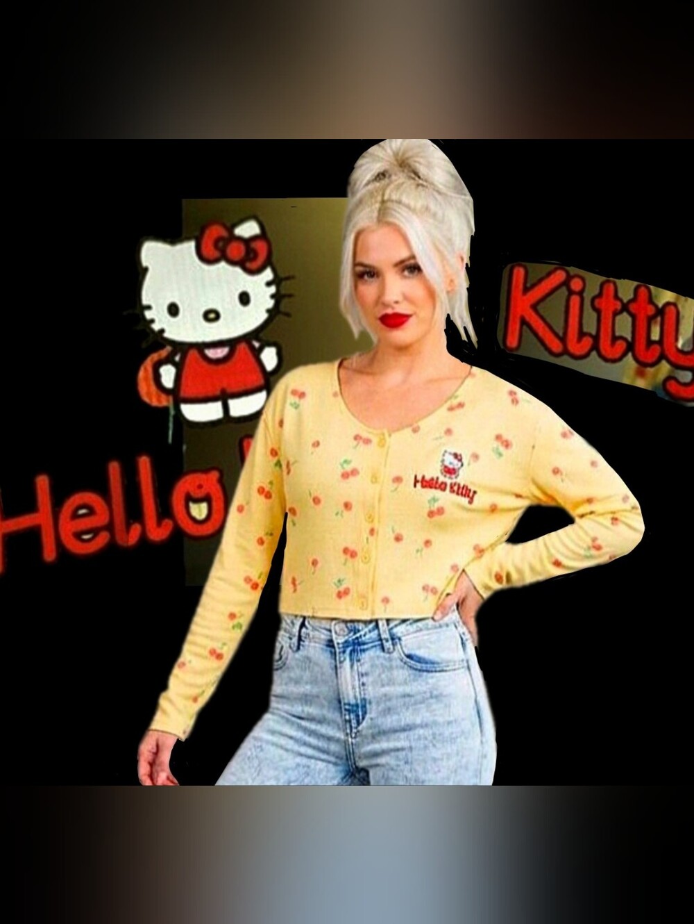 Sanrio yellow Hello kitty red cherry graphics long sleeve crop top XL NWT